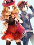  1girl bad_id bad_pixiv_id bag black_legwear blonde_hair blue_eyes blush brown_eyes brown_hair calme_(pokemon) eyewear_on_head hat hat_tip long_hair namie-kun pleated_skirt pokemon pokemon_(game) pokemon_xy serena_(pokemon) skirt sleeveless smile sunglasses thighhighs 