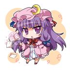  book chestnut_mouth chibi coat crescent dress hair_ribbon hat long_sleeves looking_at_viewer mob_cap noai_nioshi open_book open_clothes open_coat open_mouth patchouli_knowledge pentagram purple_eyes purple_hair ribbon solo striped striped_dress touhou tress_ribbon wide_sleeves 