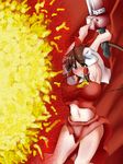  armpits breasts brown_hair fire guilty_gear hakurei_reimu highres large_breasts navel sol_badguy solo sword t-virus touhou tyrant_rave weapon yellow_eyes 