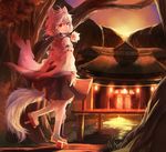  animal_ears detached_sleeves geta hat hat_ribbon house inubashiri_momiji long_sleeves looking_at_viewer looking_back red_eyes ribbon rikkido shirt silver_hair skirt solo tail tokin_hat touhou wide_sleeves wolf_ears wolf_tail 