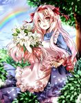  after_rain apron bad_id bad_pixiv_id blouse blush bush cloud cloudy_sky day dress flower frilled_dress frills hair_ribbon highres holding holding_flower hysteria kagerou_project kozakura_marry light_rays lily_(flower) long_hair long_sleeves open_mouth pink_hair rainbow ribbon shade sky smile solo sparkle sunbeam sunlight tree 