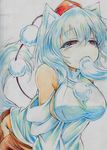  animal_ears bare_shoulders blush breasts colored_pencil_(medium) detached_sleeves eating fang food hat highres inubashiri_momiji kitazinger large_breasts mochi red_eyes short_hair solo tail tokin_hat touhou traditional_media wagashi white_hair wolf_ears wolf_tail 