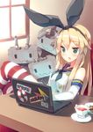  :3 blonde_hair blue_vert blush computer cookie crossed_legs cup elbow_gloves food gloves kantai_collection laptop long_hair rensouhou-chan shimakaze_(kantai_collection) sitting solo striped striped_legwear teacup thighhighs translation_request white_gloves 
