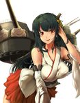  bare_shoulders black_hair blush breasts cannon detached_sleeves fusou_(kantai_collection) hair_ornament highres japanese_clothes kantai_collection large_breasts long_hair md5_mismatch nontraditional_miko open_mouth pekoneko red_eyes skirt smile solo turret 