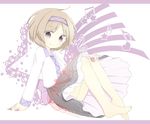  arm_support bad_id bad_pixiv_id barefoot beamed_eighth_notes blouse brown_hair eighth_note ellipsis_(mitei) full_body hairband hand_on_own_knee heart knees_up letterboxed long_sleeves looking_at_viewer musical_note pale_color purple_eyes quarter_note short_hair simple_background sitting skirt smile solo staff_(music) star touhou treble_clef tsukumo_yatsuhashi white_background 