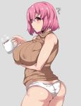  ? ass bad_id bad_pixiv_id breast_hold breasts butt_crack covered_nipples cup grey_background highres hot_chocolate huge_breasts moisture_(chichi) panties pink_eyes pink_hair plump ribbed_sweater saigyouji_yuyuko short_hair simple_background sleeveless sleeveless_turtleneck solo sweater thighs touhou turtleneck underwear white_panties 