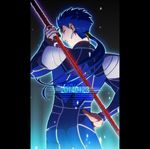  blue_hair dated earrings fate/stay_night fate_(series) from_behind gae_bolg glowing glowing_eyes jewelry lancer long_hair male_focus pillarboxed polearm ponytail red_eyes san_moto solo spear weapon 
