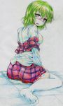  absurdres bad_feet blush breasts brown_eyes colored_pencil_(medium) commentary_request green_hair highres kazami_yuuka large_breasts long_sleeves looking_at_viewer looking_back nichibotsu_(kitaziman) off_shoulder open_clothes open_mouth open_vest pee peeing peeing_self shirt sitting skirt solo tears thighhighs touhou traditional_media vest wariza white_legwear zettai_ryouiki 