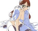  :3 aoki_hagane_no_arpeggio bad_id bad_pixiv_id breasts brown_hair green_eyes hyuuga_(aoki_hagane_no_arpeggio) large_breasts monocle naked_coat naked_shirt shirt solo thighhighs yuuya_(yu-ya's) 