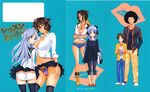  2girls amatarou ass belt blue_hair bottle breasts brown_hair cameltoe cleavage dark_skin denim denim_shorts large_breasts long_hair looking_away midriff multiple_boys multiple_girls navel red_eyes school_uniform shiny shiny_skin shirt short_shorts shorts skindentation skirt skirt_lift smile tied_shirt wind wind_lift 