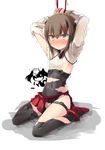  arms_up bdsm black_legwear blush bondage bound breasts brown_eyes brown_hair kantai_collection multiple_girls ryuujou_(kantai_collection) shin_(new) silhouette_demon simple_background small_breasts taihou_(kantai_collection) tears thighhighs torn_clothes white_background 