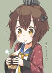  :t brown_hair eating food headgear highres kantai_collection mochi short_hair solo star star-shaped_pupils symbol-shaped_pupils translated ueshita wagashi yellow_eyes yukikaze_(kantai_collection) 