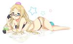  adjusting_eyewear bad_id bad_pixiv_id black_bra black_gloves black_panties blonde_hair blue_eyes bra glasses gloves half_gloves kurukuru_(sekai_seifuku) long_hair lowleg lowleg_panties lying mo_(k40633) natasha_(sekai_seifuku) navel panties sekai_seifuku:_bouryaku_no_zvezda solo star underwear underwear_only very_long_hair 