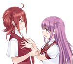  ahoge blush breast_grab breasts grabbing hair_ornament long_hair maya_yukiko multiple_girls necktie open_mouth purple_hair red_eyes saki school_uniform shishihara_sawaya skirt suzushiro_yukari sweater_vest usuzan_school_uniform yuri 