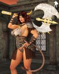  axe big_breasts breasts clothed clothing corruption_of_champions excellia_(coc) female horn looking_at_viewer minotaur skimpy smile solo supro3d weapon 