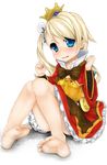  artist_request barefoot blonde_hair blue_eyes blush crown dress embarrassed feet highres ishikei_(style) long_hair looking_at_viewer petite pupuru_(sei_madou_monogatari) sei_madou_monogatari side_ponytail sitting soles solo toes 