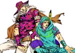  bad_id bad_pixiv_id beard cape facial_hair feathers grey_hair gyro_zeppeli hat hood hoodie jack-ddd-no13 johnny_joestar jojo_no_kimyou_na_bouken long_hair multiple_boys official_style purple_hair steel_ball_run 