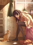  brown_eyes brown_hair cat cellphone commentary crying original pantyhose phone room smartphone solo tears yasuno_(airy_light) 