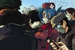  alex_ahad bag blue_hair breasts casual coat comiket crowd hat mask medium_breasts otaku red_eyes satchel scarf skullgirls solo_focus surgical_mask tokyo_big_sight valentine_(skullgirls) winter_clothes 