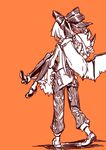  bird_wings bow carrying facing_away from_behind fujiwara_no_mokou hair_bow hat high_heels long_hair mary_janes monochrome multiple_girls mystia_lorelei ofuda orange_background pants princess_carry shoes simple_background thupoppo touhou walking white_hair wings 