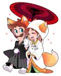 1girl animal_ears blue_eyes brown_hair cherry_blossoms commentary_request earrings facial_hair flower_earrings fox_ears fox_tail ghost-pepper hood japanese_clothes jewelry kimono luigi mario_(series) mustache open_mouth oriental_umbrella princess_daisy sandals smile super_mario_bros. tabi tail uchikake umbrella white_background 