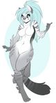  aimi anthro blue_eyes blue_hair breasts feathers feline female fur grey_fur hair long_hair looking_at_viewer mammal navel nude ponytail pose solo wide_hips 