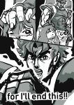  2019 angry anthro biceps black_and_white canine child clothed clothing comic crying dialogue digital_media_(artwork) english_text female fist fox fur fur_(theterm) hair head_pat hi_res human jojo&#039;s_bizarre_adventure jonathan_joestar looking_at_viewer male mammal monochrome muscular muscular_male open_mouth pecs pose tears teeth text unknown_artist young 
