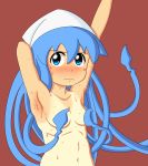  1girl armpits arms_up blue_eyes blue_hair blush breasts covering covering_breasts eyebrows_visible_through_hair hat ikamusume long_hair looking_at_viewer matching_hair/eyes medium_breasts navel nude nyanarchist red_background shinryaku!_ikamusume simple_background solo squid_girl squid_hat sweat tentacle_hair upper_body wavy_mouth white_hat 