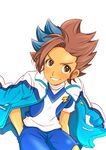  bad_id bad_pixiv_id blue_hair bou_erika brown_eyes brown_hair earth_eleven grin hands_in_pockets highres inazuma_eleven_(series) inazuma_eleven_go inazuma_eleven_go_galaxy jacket jacket_on_shoulders looking_at_viewer male_focus matatagi_hayato multicolored_hair simple_background smile soccer_uniform solo sportswear track_jacket two-tone_hair white_background 