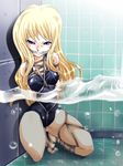  1girl artist_request bdsm blonde_hair bondage bound character_request cleave_gag cloth_gag gag gagged hachikumo improvised_gag one-piece_swimsuit peril rope source_request swimsuit 