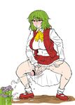  bow bowtie breasts censored cum ejaculation flower futanari green_hair kazami_yuuka kurenai_yuuji large_breasts long_hair masturbation no_panties open_mouth outdoors penis plaid plaid_vest red_eyes shoes simple_background skirt socks solo touhou vest 