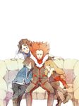  3boys asano_e beard black_legwear blonde_hair boots brown_hair calme_(pokemon) closed_eyes couch facial_hair fleur-de-lis_(pokemon) highres jacket labcoat leaning_forward leaning_on_person leaning_to_the_side long_hair multiple_boys platane_(pokemon) pleated_skirt pokemon pokemon_(game) pokemon_xy red_hair sandwiched serena_(pokemon) short_hair side-by-side sitting skirt sleeping sleeping_on_person sleeping_upright smile thighhighs watch wristwatch 
