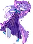  crescent crescent_hair_ornament falling full_body hair_ornament hair_ribbon hands_on_headwear hat legs long_hair mob_cap nightgown patchouli_knowledge purple_eyes purple_hair red_pupils ribbon slippers solo thupoppo touhou transparent_background 