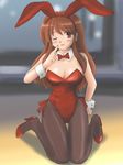  animal_ears asahina_mikuru_(adult) brown_eyes brown_hair bunny_ears bunnysuit high_heels kneeling long_hair marison_(aono107) one_eye_closed pantyhose revision solo suzumiya_haruhi_no_yuuutsu 