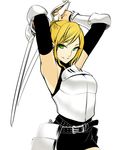  armpits arms_behind_head bare_shoulders belt black_skirt blonde_hair bracer breastplate detached_sleeves dual_wielding elbow_pads green_eyes hair_bun halterneck hip_armor holding holding_sword holding_weapon looking_at_viewer original poaro saber_(weapon) simple_background skirt smile solo sword weapon white_background 