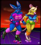  anthro big_breasts breasts bubble_gum bulge clothed clothing dickgirl duo headphones intersex lagomorph male mammal mouse nikkyvix open_mouth rabbit rodent rollerskating smile 