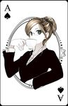  ace_of_spades blonde_hair business_suit cup dress_shirt formal frame glasses green_eyes hair_bun holding holding_cup looking_at_viewer monochrome original playing_card_theme poaro rimless_eyewear shirt simple_background sipping solo spot_color suit teacup white_background white_skin 