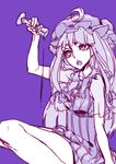  arm_support arm_up crescent crescent_hair_ornament cup drinking_glass dripping eyelashes hair_ornament hair_ribbon hat holding holding_cup legs looking_up mob_cap monochrome nightgown open_mouth patchouli_knowledge pouring purple_background purple_hair ribbon simple_background sitting solo spot_color thupoppo touhou wine_glass 