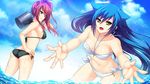  2girls amagai_yukino bikini blue_eyes blue_hair candysoft game_cg long_hair navel red_hair swimsuit tsuyokiss_next water yellow_eyes 