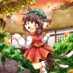 animal_ears brown_eyes brown_hair cat cat_ears cat_tail chen earrings fang hat jewelry looking_at_viewer looking_back mob_cap multiple_tails open_mouth shirt skirt skirt_set smile solo sore_(whirlwind) tail touhou town tree vest 