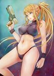  alternate_costume black_panties blonde_hair blue_eyes breasts covered_nipples gun halter_top halterneck handgun highleg highleg_panties highres large_breasts long_hair metroid navel panties parted_lips ponytail samus_aran scrunchie sideboob solo super_metroid taishi_(picchiridou) tank_top underwear underwear_only weapon wristband 