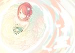  bare_shoulders bouquet bride dress flower frills from_above hair_flower hair_ornament highres la-na looking_up original red_hair smile solo too_many too_many_frills wedding_dress yellow_eyes 