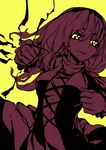  breasts clenched_hands cross-laced_clothes dress energy hijiri_byakuren incoming_punch long_hair looking_at_viewer medium_breasts monochrome reflective_eyes simple_background solo thupoppo touhou yellow_background yellow_eyes you_gonna_get_raped 