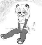  :&lt; animal_ears breasts collar commentary english_commentary flower furry greyscale monochrome navel on_ground original panda parody shepherd0821 short_hair sitting solo 