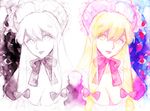  bad_id bad_pixiv_id blonde_hair bonnet bow breasts cleavage eyelashes eyes frills gap hair_bow large_breasts lips marydill nose partially_colored sketch touhou white_background yakumo_yukari yellow_eyes 