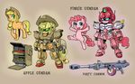  applejack barrel blonde_hair blue_eyes commentary cowboy_hat cutie_mark english food fruit green_eyes gun gundam hat mecha mechanization my_little_pony my_little_pony_friendship_is_magic no_humans open_mouth parody pink_hair pinkie_pie pony shepherd0821 smile tail weapon 