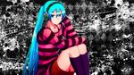  blue_eyes blue_hair cable casual hatsune_miku headphones kneehighs long_hair looking_at_viewer shorts sitting solo striped striped_sweater sweater taidaru twintails vocaloid 
