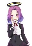  blush breasts kantai_collection kay_(utd) mechanical_halo medium_breasts open_mouth purple_eyes purple_hair school_uniform short_hair skirt smile solo tatsuta_(kantai_collection) 