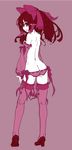  ass back bangs brown_hair butt_crack detached_sleeves from_behind hair_tubes hakurei_reimu high_heels hips interlocked_fingers kneepits lace lace-trimmed_panties lingerie looking_back lowleg lowleg_panties monochrome open_mouth panties ponytail purple_background red_eyes ribbon ribbon-trimmed_sleeves ribbon_trim seamed_legwear side-seamed_legwear side-tie_panties simple_background solo spot_color stitches thighhighs thupoppo topless touhou underwear underwear_only 