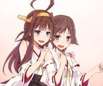  bare_shoulders blush brown_hair detached_sleeves double_bun hair_ornament hairband headgear hiei_(kantai_collection) japanese_clothes kantai_collection kay_(utd) kongou_(kantai_collection) long_hair multiple_girls nontraditional_miko open_mouth purple_eyes short_hair skirt smile 